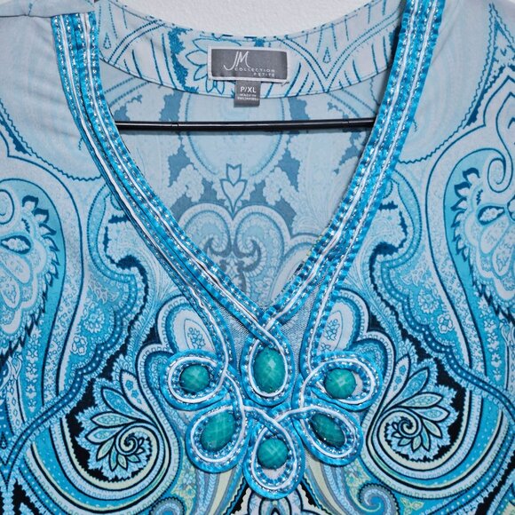 Jm Collection Paisley Tunic Top Womens Plus Size XL Petite Blue Embellished - Picture 4 of 7